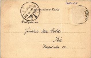 1902 Villach, mit der Draubrücke / Drava bridge, bank, shops. Art Nouveau litho frame with coat of a...