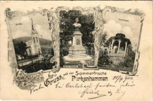 1900 Brezová, Pirkenhammer bei Karlsbad (Karlovy Vary); Kirche, Körner-Denkmal, Körnerhöhe / church, Theodor Körner monument, lookout tower. A. Glaser Art Nouveau, floral (EK)