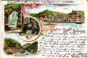 1898 Stadt Wehlen (Sächsischen Schweiz),Amselfall, Kuhstall, Herrnskretschen. Ernst Kühnel Art Nouveau, floral, litho (EM)