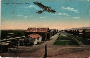 1916 Wiener Neustadt, Bécsújhely; Flugfeld, Taube / airfield, airport with aircraft (crease)