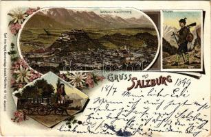 1899 Salzburg, vom Kapuzinerberg, Gemsjäger, Milchmädchen / mountain, hunter, milk-carrying girl. Carl Otto Hayd Kunstverlag-Anstalt Art Nouveau, floral, litho (EB)