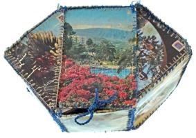 Egy doboznyi vegyes modern képeslap, üdvözlő, város, művész, stb. Egyedi képeslapokból varrott doboz...