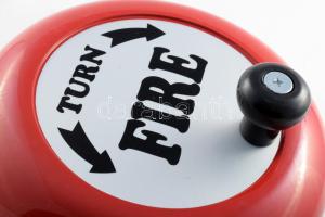 Tűzjelző készülék. Mechanikus, falra szerelhető, nagyon hangos megtekerve. Zománcozott fém. 25x22 cm