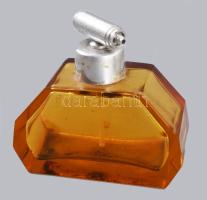 Moser borostyánsárga parfűmös üveg, formába öntött, jelzett,9x9 cm, elöregedett gumi részekkel / Mos...