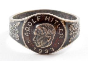 Ezüst (Ag.) gyűrű Adolf Hitler arcképével, zománc berakással, jelzett, 6 g m:66 / Silver ring with Hitler enameled image