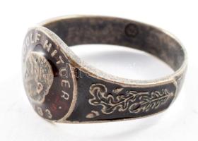 Ezüst (Ag.) gyűrű Adolf Hitler arcképével, zománc berakással, jelzett, 6 g m:66 / Silver ring with H...