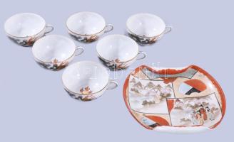 Japán kézzel festett kínáló 21x17 cm + 6 darab csésze d: 9,5 cm, lepattanással.