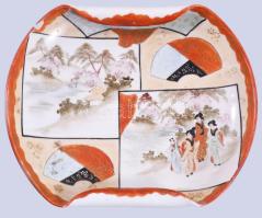 Japán kézzel festett kínáló 21x17 cm + 6 darab csésze d: 9,5 cm, lepattanással