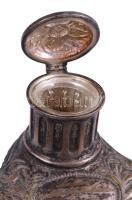 1931 Szecessziós stílusú ezüstözött kalamáris, lepattan üveg betéttel, ajándékozási gravírozással, 2...