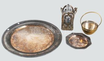 4 darab szecessziós ezüstözött alpakka tárgy, kínáló, tálka, tálca, d: 31 cm