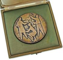 Vincze Dénes (1914-1972) DN Szocreál tudomány témájú ezüstözött, egyoldalas, bronz plakett (78mm) dísztokban T:AU