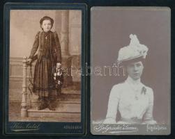 cca 1880-1910 Női portrék, 2 db keményhátú fotó Belgráder Soma balassagyarmati és Kis Antal kőszegi műterméből (sérült hátoldal), 10,5×6,5 cm