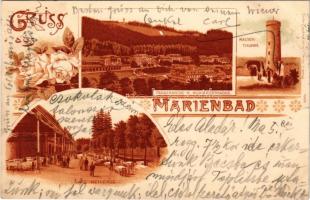 1900 Mariánské Lázne, Marienbad; Café Bellevue, Kaiserthurm, Ferdinands-u. Rudolfsstrasse. Druck und Verlag v. Loius Glaser 2964. / café, tower. Art Nouveau, floral, litho