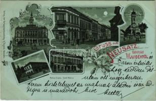 1899 Újvidék, Novi Sad, Neusatz; Rathaus, Donau Gasse, Almascher Kirche, Volksschule, Matica Srpska / Városháza, Duna utca este holdfényben, Almási templom, népiskola, Szerb Matica. A. Pajevic kiadása / town hall, street at night in moonlight, church, school. Art Nouveau, floral, litho