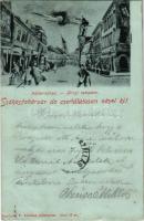 1899 Székesfehérvár - De csodálatosan nézel ki! Nádor utca este holdfényben, a Biela üstökös emlékére készített montázs, részeg humor. Kaufman F. kiadása (kicsit ázott sarok / slightly wet corner)