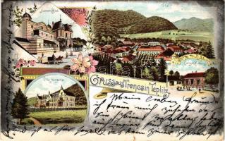 1900 Trencsénteplic, Trencianske Teplice; Hamann Bad, Villa Hungarian, Total, Evangel. Bethaus / gyógyterem, Villa Hungaria, Hammam fürdő, evangélikus imaház / spa, villas, Turkish bath, Lutheran praying house. Art Nouveau, floral, litho (szakadás / tear)