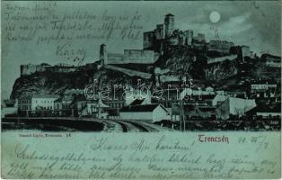 1899 Trencsén, Trencín; vár a vasúti sínekkel, este holdfényben. Gansel Lipót 14. kiadása / castle and railway tracks at night in moonlight