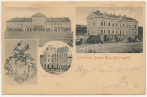 1900 Sepsiszentgyörgy, Sfantu Gheorghe; Városháza, üzletek, Fiúárvaház, dohánygyár (bérpalota), a város címere. Benkő M. kiadása / town hall, shops, boy orphanage, tobacco factory's tenement palace, coat of arms. Art Nouveau (gyűrődés / crease)