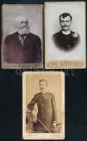 cca 1880-1910 3 db férfiportré, keményhátú fotók budapesti és kisújszállási műtermekből, felületi hibákkal, 10,5×6,5 cm