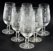 Magyar ólomkristály talpas pohár garnitúra, 6 darab, csiszolt mintával, hibátlan, m: 16,5 cm