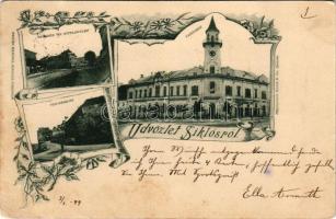 1899 Siklós, Takarékpénztár és hitelegylet, Városháza, üzletek, vár részlet. Feiler Mariska kiadása. Fénynyomat Divald K. fia. Art Nouveau, floral (EB)