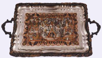 Egyiptomi stílusú szervírozótálca, kopással, 56x33 cm