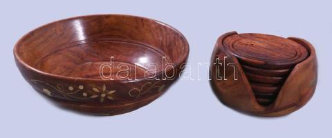 Réz intarziás poháralátét szett és tál, d: 14 cm