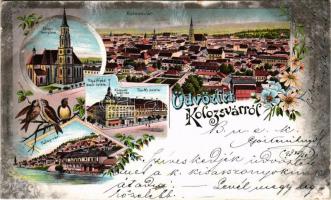 1898 Kolozsvár, Cluj; Főtéri templom, Központi szálloda, Bánffy palota, Fellegvár, Rigó Árpád üzlete és saját kiadása / church, hotel, palace, shop. Art Nouveau, floral, litho (kis szakadások / small tears)