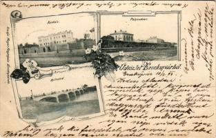 1899 Érsekújvár, Nové Zamky; kórház, vasútállomás, pályaudvar, Nyitra híd. Mayer fényképész kiadása / hospital, railway station, bridge. Art Nouveau, floral (lyuk / pinhole)