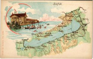 Siófok, Balaton térkép, fürdő. Károlyi Gy. kiadása. Art Nouveau, litho (kopott sarkak / worn corners)