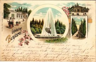 1899 Buziás, Buziásfürdő, Baile Buzias; Gyógyterem, József-forrás, szökőkút, Fasor a meleg fürdőhöz. Armin Schatteles kiadása / spa, bath, spring source, fountain. Art Nouveau, floral, litho