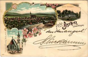1898 Beszterce, Bistritz, Bistrita; látkép, Iparosegylet székháza, Evangélikus templom / Gewerbe-Vereinshaus, Evang. Kirche / general view, House of Craftsmen Association, Lutheran church. Art Nouveau, floral, litho (gyűrődések / creases)