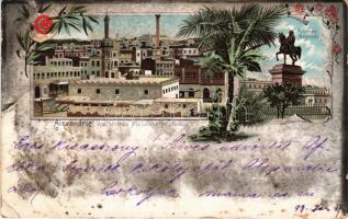 1899 Alexandria, Alexandrie; Vue générale et la Colone Pompéo, Monement Mehemed Ali. Lit. B. No. 1620. / general view, monument. Art Nouveau, floral, litho (tear)