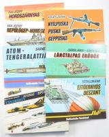 Haditechnika fiataloknak sorozat 6 db füzete: Tóth Loránd: Ejtőernyős deszant.; Csűrös János - Kónya Béla: Lánctalpas erődök.; Kováts Zoltán: Nyílpuska, puska, géppuska.; Sárhidai Gyula: Atom-tengeralattjárók.; Bak József: Repülőgép-hordozók.; Hordószárnyas és légpárnás hadihajók. Bp., 1986-1989, Zrínyi. Kiadói papírkötés. + Nagyváradi Sándor - Varsányi Ernő: Katonai repülőgépek. Típuskönyv. Bp., 1976, Zrínyi. Kiadói egészvászon-kötés, viseltes kiadói papír védőborítóban.