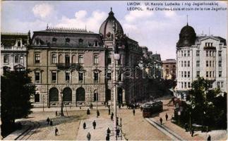 1915 Lviv, Lwów, Lemberg; Ul. Karola Ludwika i róg Jagiellonskiej / street view, tram + "K.u.k. Militär-Zensur-Kommussuin Stanislau" (worn corners)