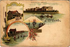 Siófok, Központi szálloda, fürdőház, Sió és Hullám szálloda, Sió. Wlaszlovits Gusztáv kiadása (Stósz). Art Nouveau, floral, litho (EB)