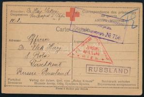 1916 Vöröskeresztes hadifogoly levelezőlap, hátoldalán a német és az orosz betűk átírási szabálya nyomtatva