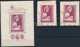 1958 Brüsszeli világkiállítás blokk + 2 db pecsételt blokkból kivágott bélyeg (a blokkon törés / fold)