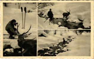 1942 Volóc, Volovec, Volovets; Sí- és vadászterepek a Borzsovai-havasokon, síelő szarvassal, téli sport. Hangya szövetkezet kiadása. Foto Manduk / ski and hunting fields, winter sport, skier with deer + "VOLOC ???????? - MUNKÁCS 61" vasúti mozgóposta bélyegző (EK)