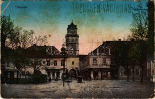 1914 Trencsén, Trencín; utca, Klein Béla üzlete. Gansel Lipót kiadása / street view, shops + "TRENCSÉN - VÁGHIDAS" (EB)