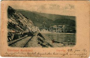 1899 Ruttka, Vrútky; Vágvölgyi vasútvonal, hajtány a síneken, tutajosok. Kiadja Moskóczi Ferencné / railway line in Povazie, handcar, raftsmen + "LIPTÓ SZT. MIKLÓS P.U." (fl)