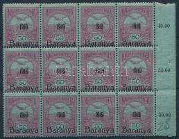 Baranya I. 1919 Turul 50f 12-es tömb, Bodor vizsgálójellel, benne antikva felülnyomás! (10.400)