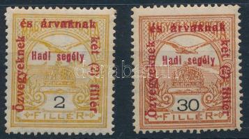 1915 Hadisegély II. 2f és 30f bélyeg hiányos ékezet az "a" betűn "árvaknak" (2f rozsda / stain)