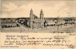 1905 Szatmárnémeti, Szatmár, Satu Mare; Deák tér keleti része, templom, üzletek. Reizer János kiadása / square, shops, church (kis szakadás / small tear)