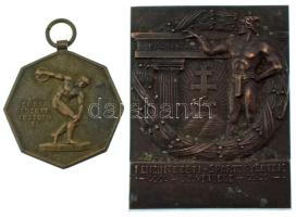 1905. "Angol-Magyar Bank Sportegyesülete 1905 - díj / Ép ész edzett testben él" kétoldalas bronz díjérem füllel "S GA" gyártói jelzéssel (33mm) + Bakonyi Sándor (1892-1937) ~1930. "Pénzintézeti Sportegyletek Szövetsége 1912-1927" bronz egyoldalas emlékplakett (55x43mm) T:XF patina