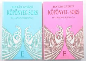 Határ Győző: Köpönyeg sors. Iulianosz ifjúsága. I-II. kötet. Lélekrajzi regény. A Nagyságos Elköltözöttek Lelkei éteri beszélgetéséből kiszűrte a Megváltó és Halhatatlan Isteneknek odafenn és tinéktek itt alant elébocsátja epitomátora, Határ Győző. Szombathely, 1997, Életünk-Faludi Ferenc Alapítvány Szombathely. Kiadói papírkötés.