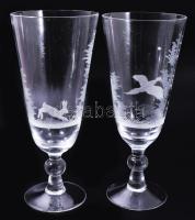 12 személyes csiszolt vadászmintás kristályüveg talpas pohár garnitúra, hibátlan, m: 19 cm, díszdobo...