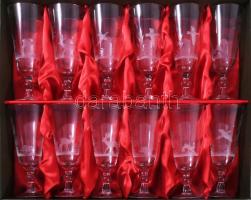 12 személyes csiszolt vadászmintás kristályüveg talpas pohár garnitúra, hibátlan, m: 19 cm, díszdobo...