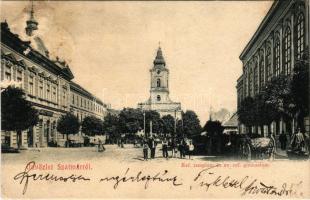 1905 Szatmárnémeti, Szatmár, Satu Mare; Református templom és gimnázium, Singer Co. varrógépek, Freund üzlete. Lövy M. kiadása / Calvinist church and school, shops (ázott sarok / wet corner)