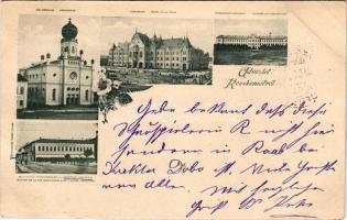 1898 Kecskemét, izraelita templom, zsinagóga, városháza, gyalogsági laktanya, Nagykőrös utca torkolata a Beretvás szállodával. Gross Simon kiadása (EB)